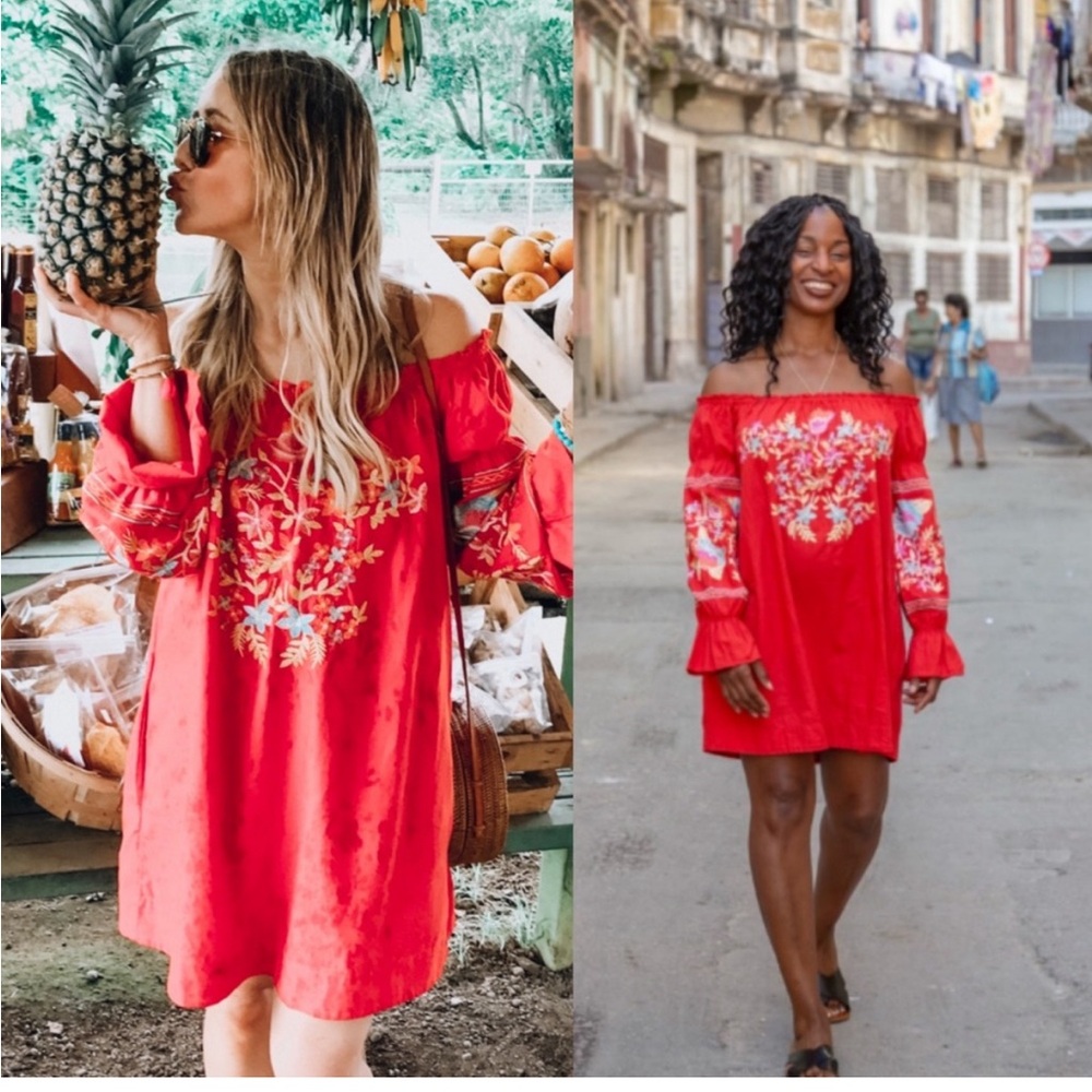 Free People Red Fleur Du Jour Off Shoulder embroidered dress